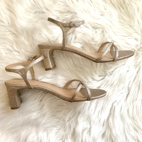 Badgley Mischka Omari Ankle Strap Criss Cross Heels in Glitter Gold - Picture 4 of 8